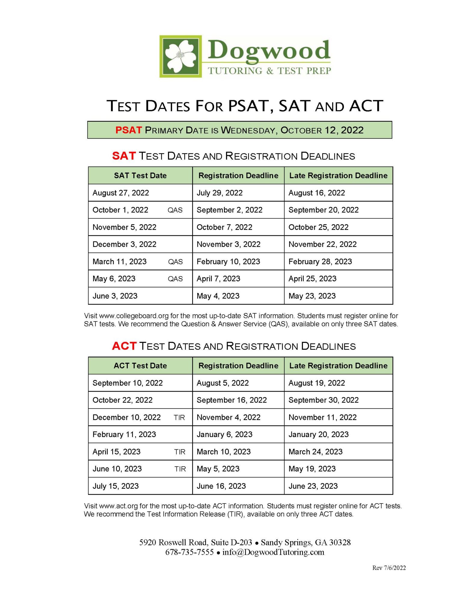 SATACT Test Dates for 202223 Dogwood Tutoring & Test Prep