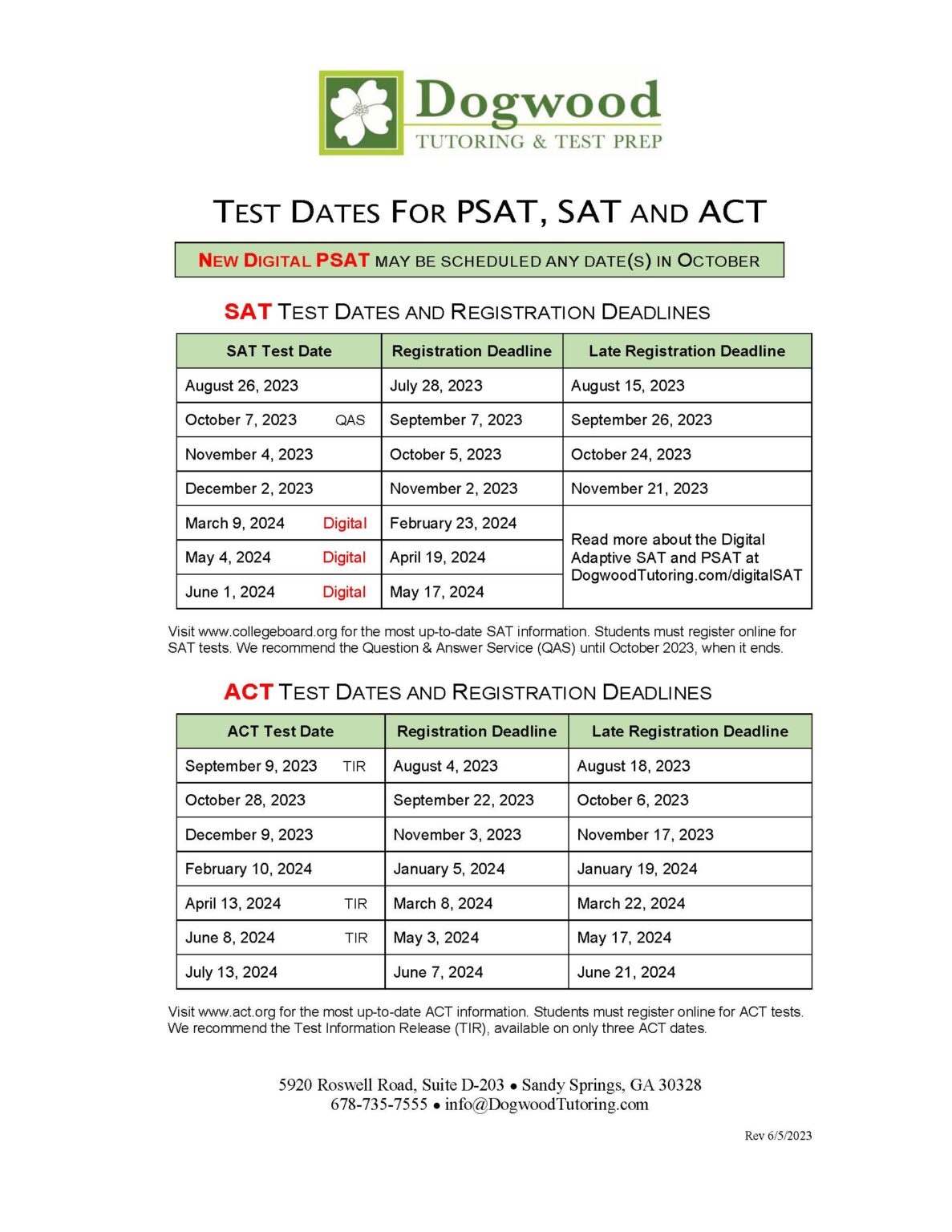 SATACT Test Dates for 20232024 Dogwood Tutoring & Test Prep