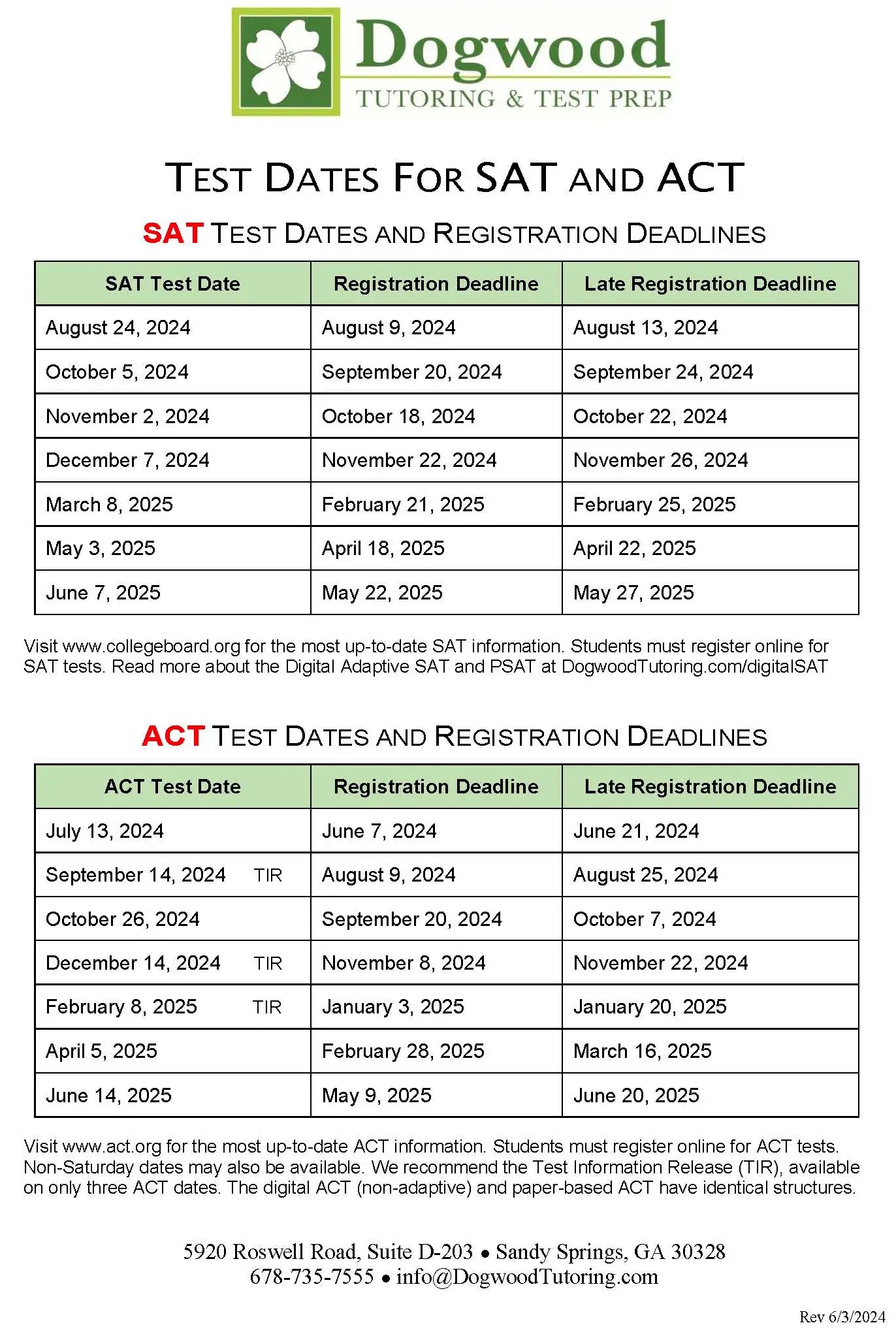 SAT and ACT test dates and deadlines.