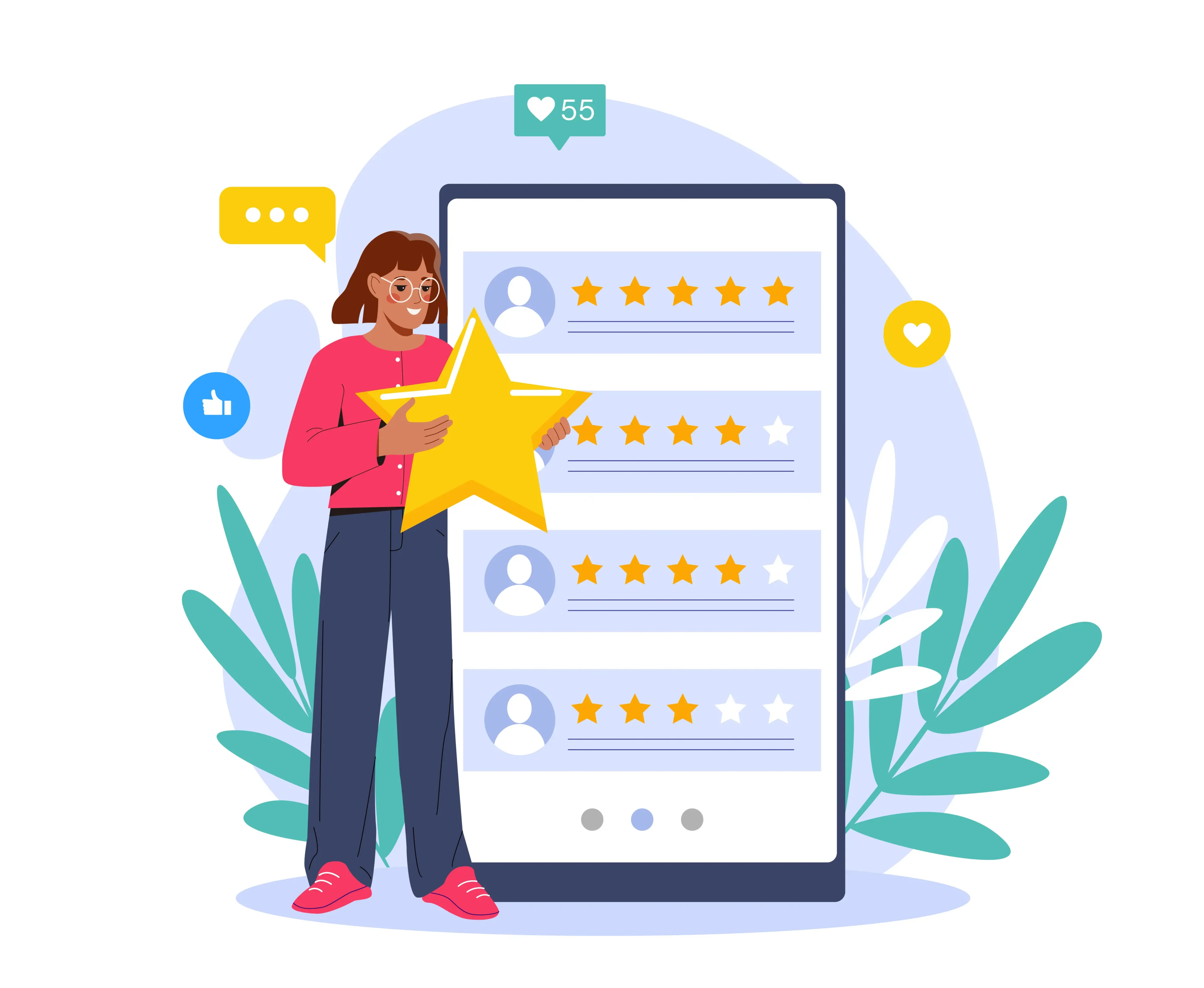 Woman holding star, standing by rating screen. Woman holding star, standing by rating screen.